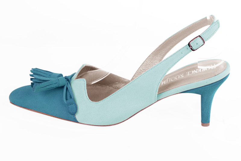 Turquoise blue women's open back shoes, with a knot. Tapered toe. Medium slim heel. Profile view - Florence KOOIJMAN
